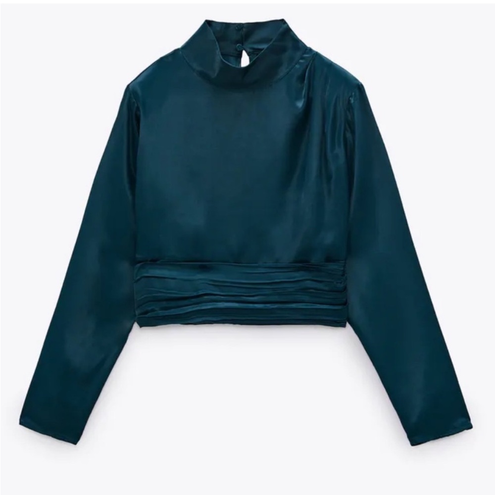 Zara | Satin Effect High Collar Blouse Teal M NWT - Picture 2 of 6